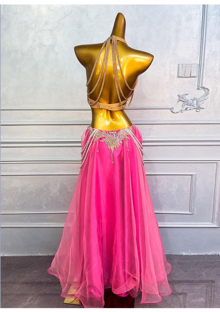 新品未使用 ベリーダンス衣装 高級舞台用 メイル赤色 ロングスカートセット