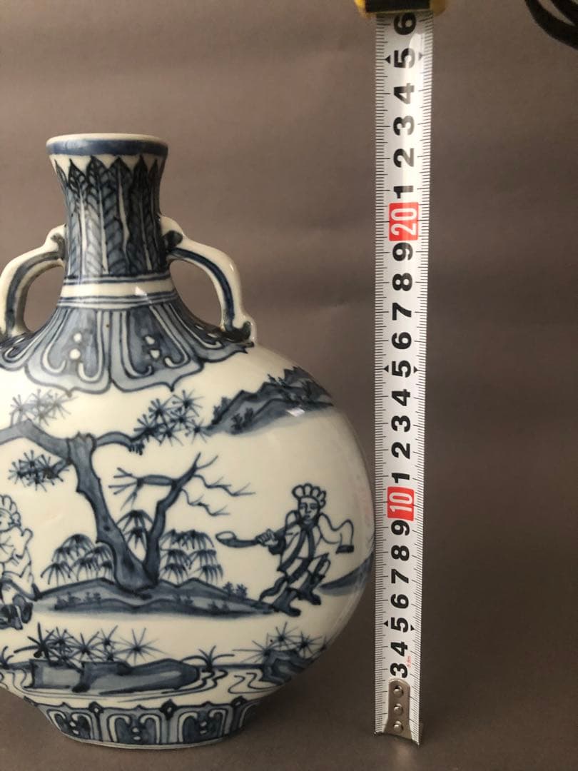 中国骨董古美術　染付 青花唐人景紋 扁壺 アンティーク