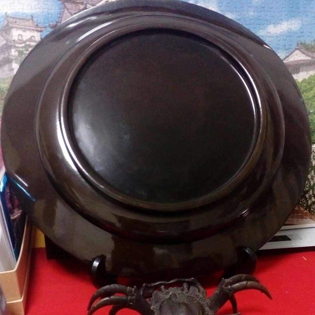 時代本金厚盛蒔絵黒漆塗４３センチサイズ時代木製蒔絵盆縁に傷跡部分有り当時物