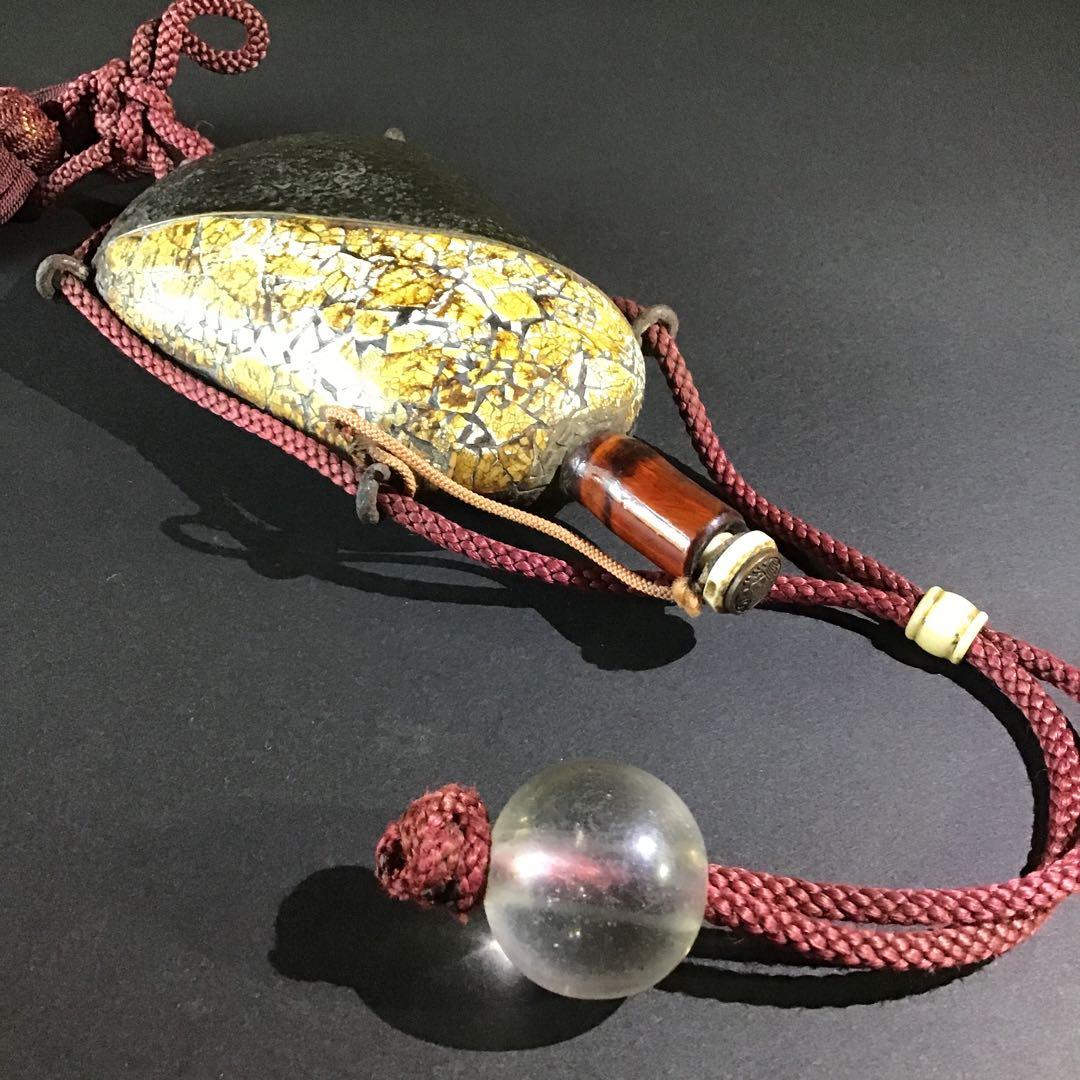 高級藩士　煙硝入　根付水晶　　揚羽蝶家紋　　火縄銃鉄砲隊　江戸期 S4