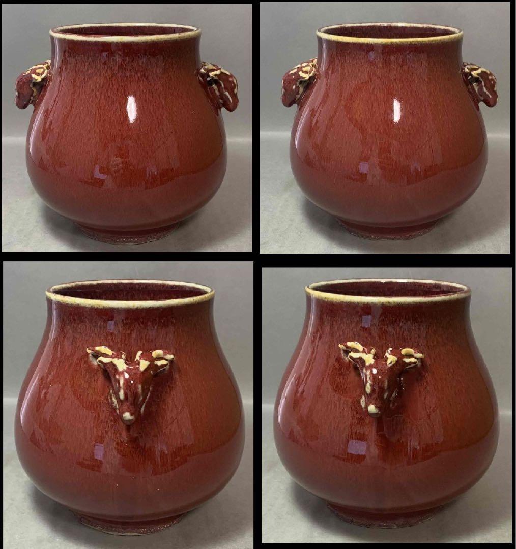 中国 紅釉羊耳付壺　f2250914