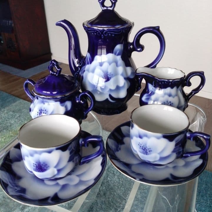 昭和レトロ⭐︎瑠璃色花模様のティーセット5点⭐︎新品未使用⭐︎手描きビンテージ