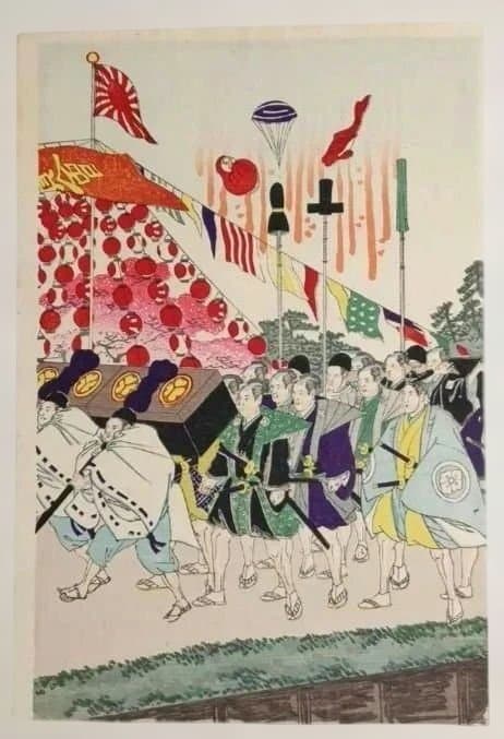 浮世絵版画奠都三十年祭祝賀會上野公園天覧行列之図三枚綴り、楊斎延一画、明治30年