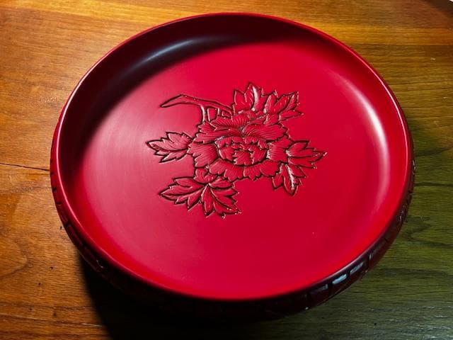 未使用 村上堆朱 菓子器 牌丹彫刻 木箱入り 伝統工芸 漆器