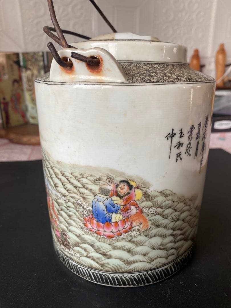 本物　中国古美術 時代物 粉彩 民国 蓋物 茶入 茶道具 中国古玩 骨董品 在銘