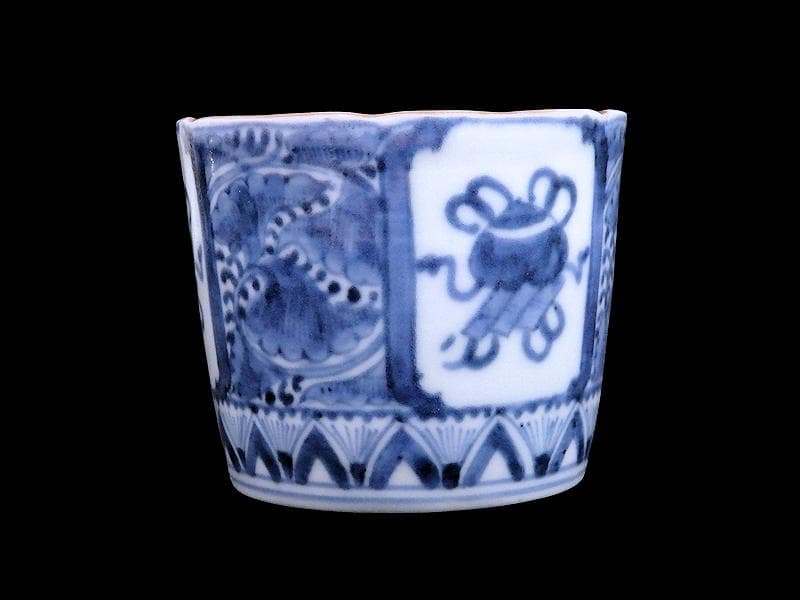 古伊万里　染付　窓絵　宝珠に宝巻の図　蕎麦猪口　D560AS-CYj