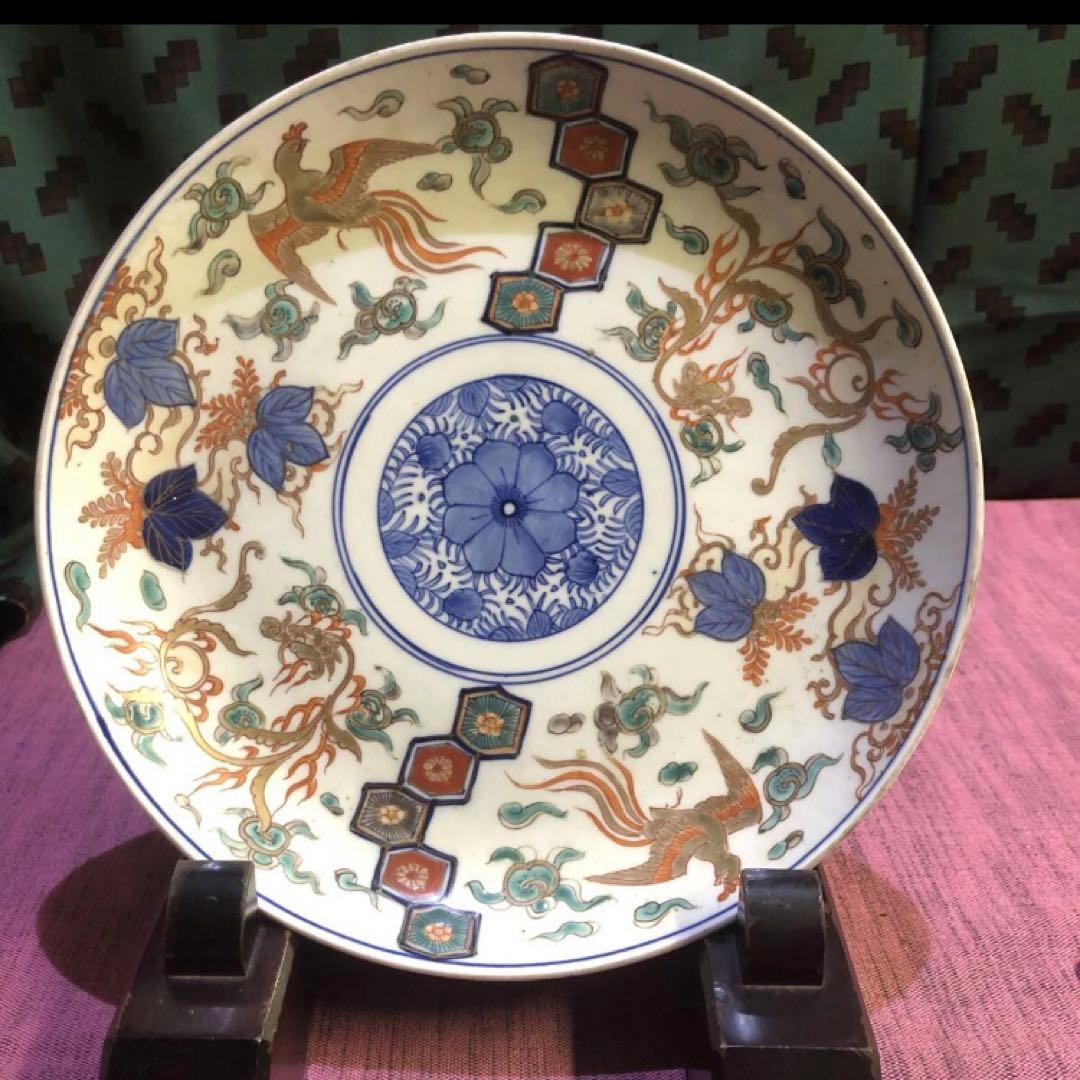 古伊万里　手書き色絵金彩　見込み花文様　和柄　瑞雲　鳳凰　龍の図　歪んだ古い大皿