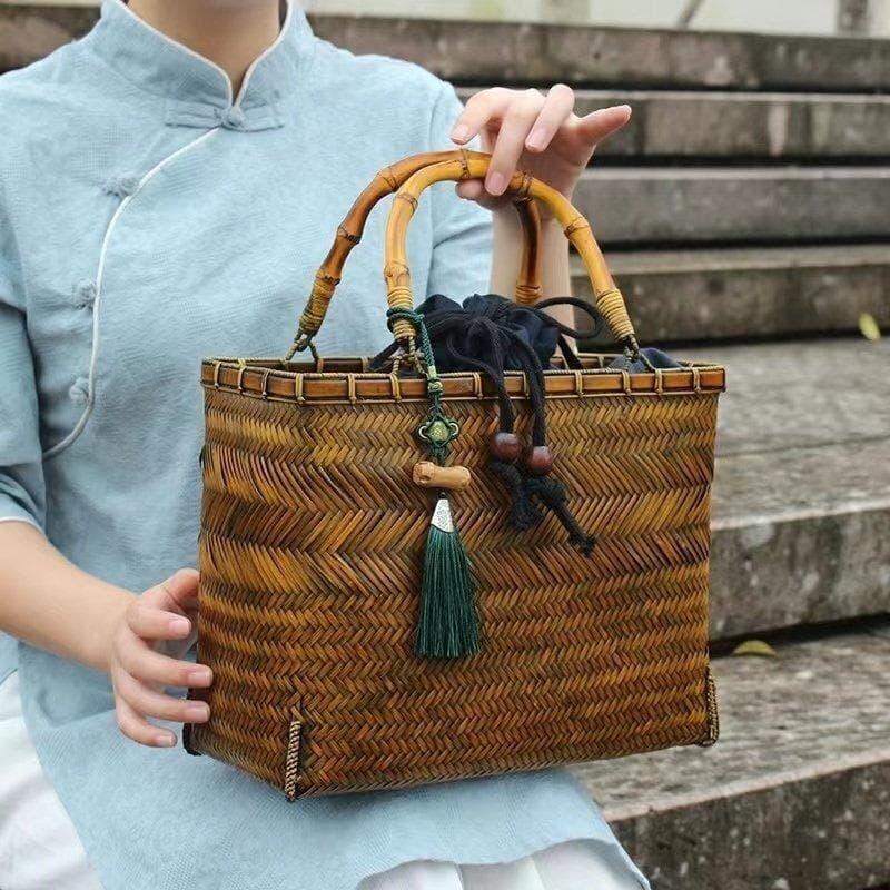 竹製編み込みバッグ タッセル付き 収納かご 手作り