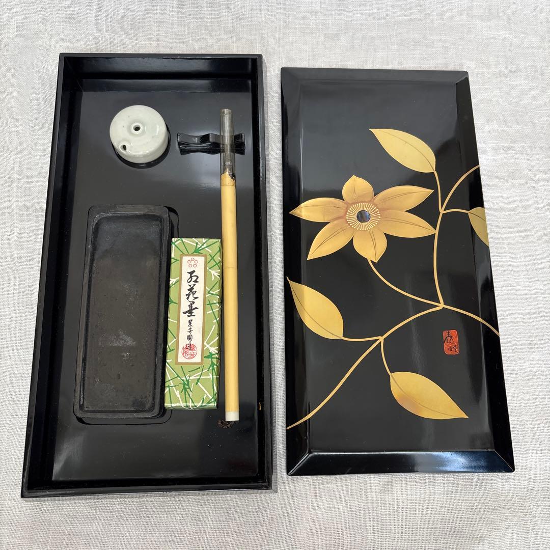 【美品】硯箱　螺鈿　漆塗り　鉄仙の花　五花墨　書道　工芸品