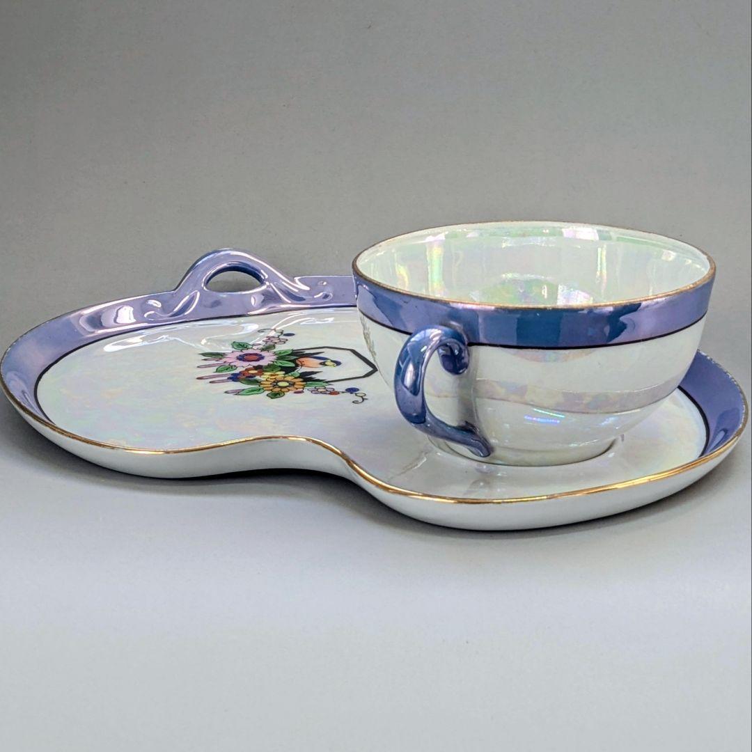 オールドノリタケ アールデコ期 虹ラスター彩 南国鳥と花絵柄の スナックセット