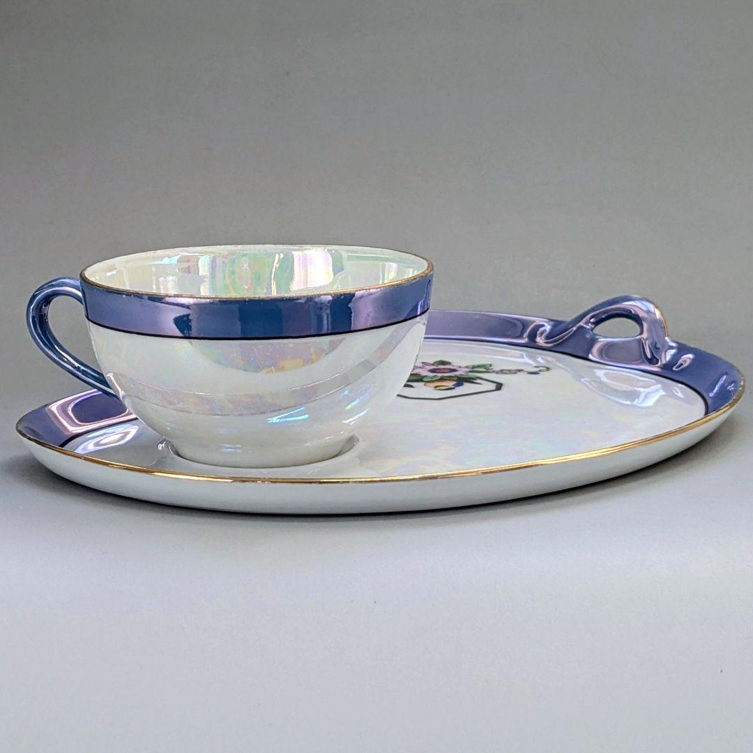 オールドノリタケ アールデコ期 虹ラスター彩 南国鳥と花絵柄の スナックセット