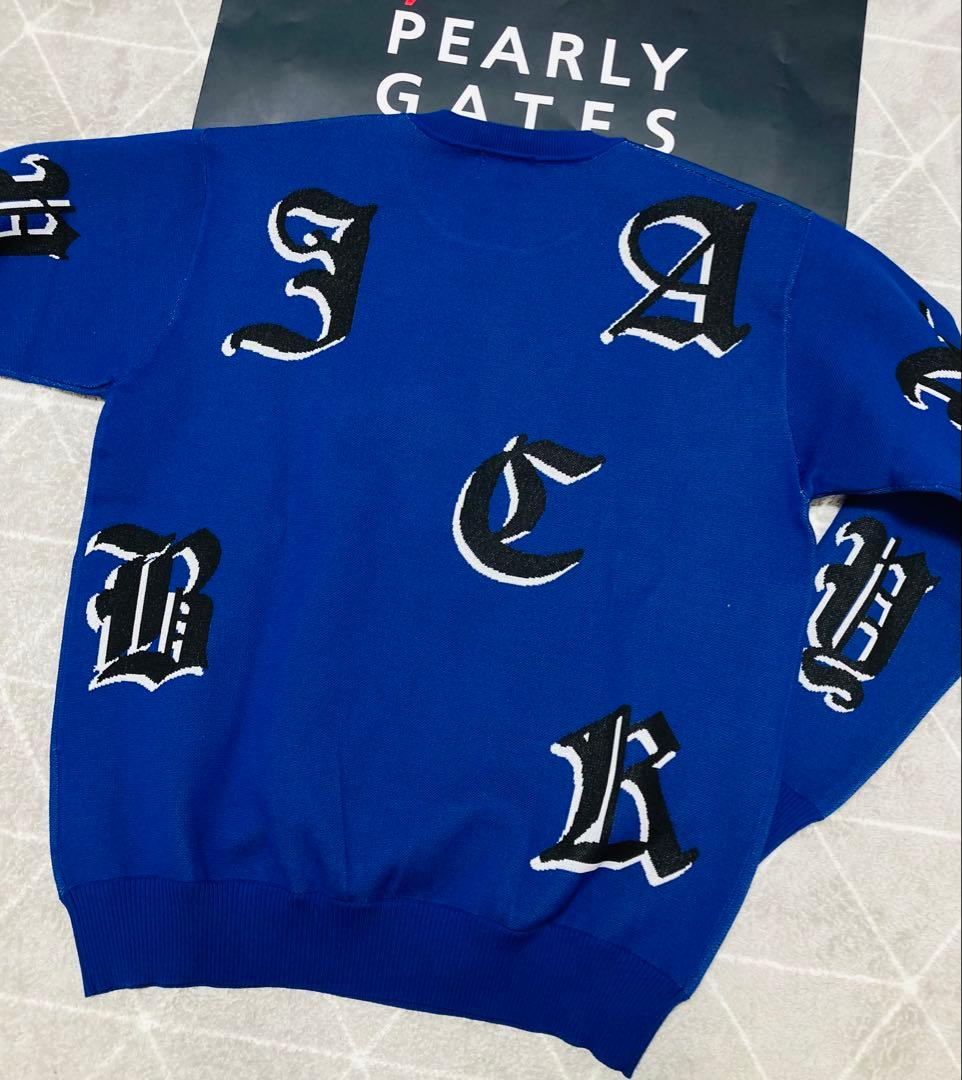 新品 パーリーゲイツ ジャックバニー ゴシックロゴWジャガードニット(6)LL青