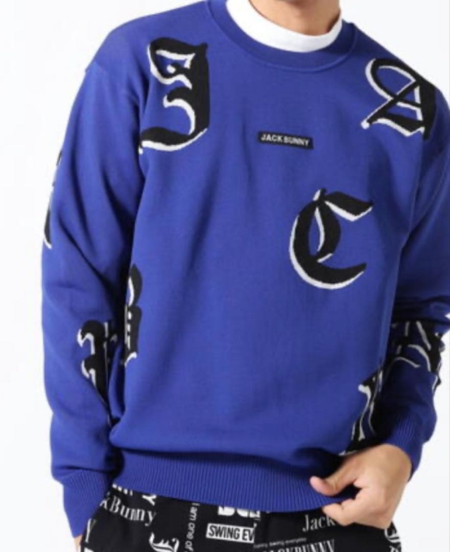 新品 パーリーゲイツ ジャックバニー ゴシックロゴWジャガードニット(6)LL青