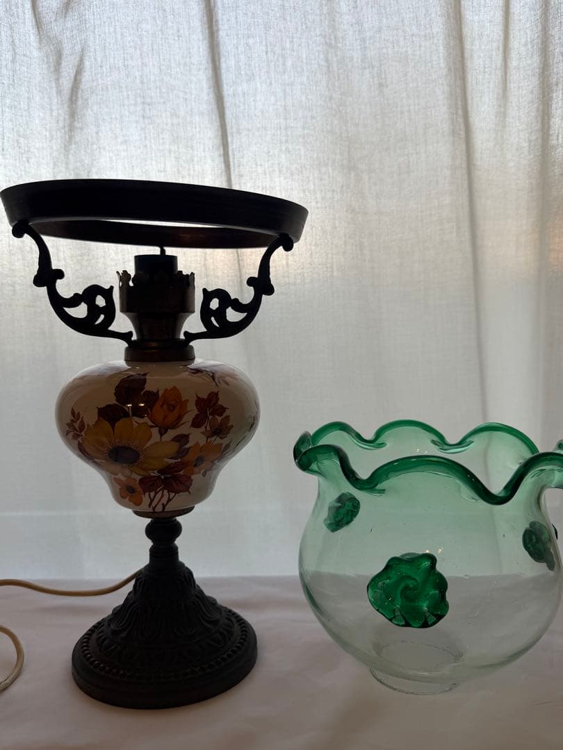 ビンテージ フラワーモチーフ ランプ テーブル 昭和レトロ ガラス 陶器
