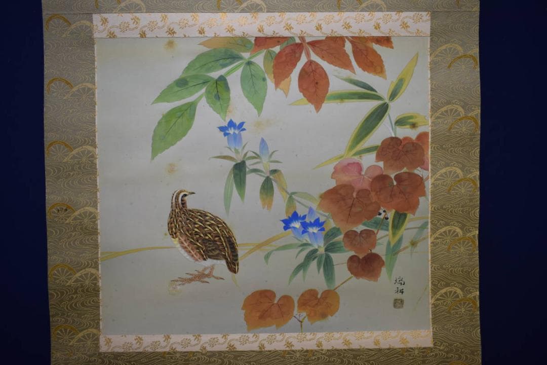 真作/田中瑞耕/鶉図/うずら図/桐共箱太巻二重箱付/布袋屋掛軸HG-273