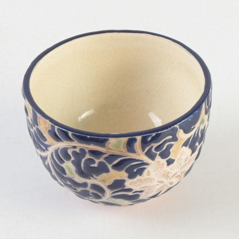 茶道具　青釉　花草文　茶碗　在銘　時代箱付　V　9705