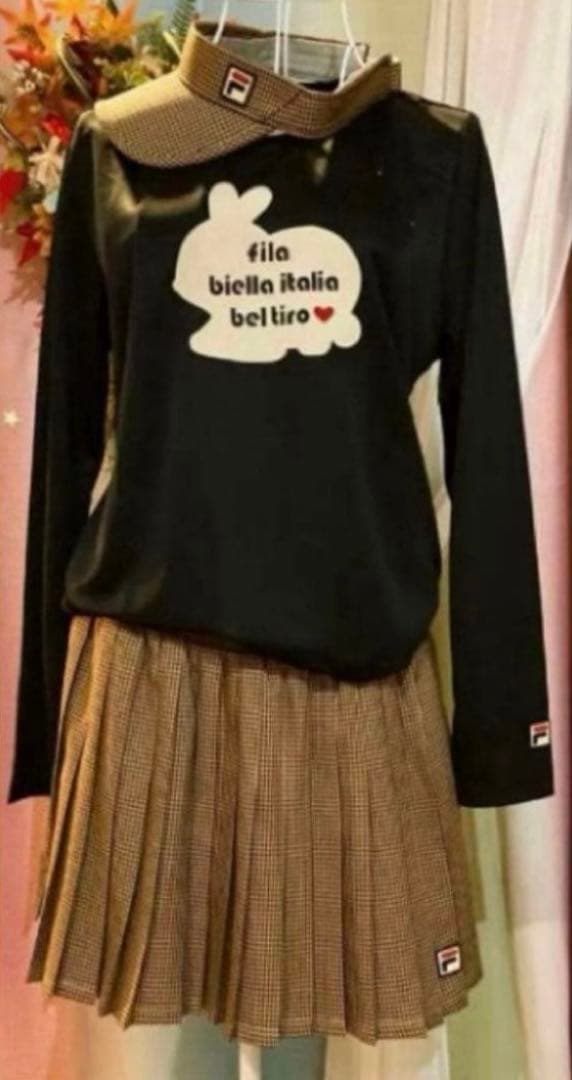 No.591 FILA キャメルガンクラブチェックのプリーツスコート☆XL☆