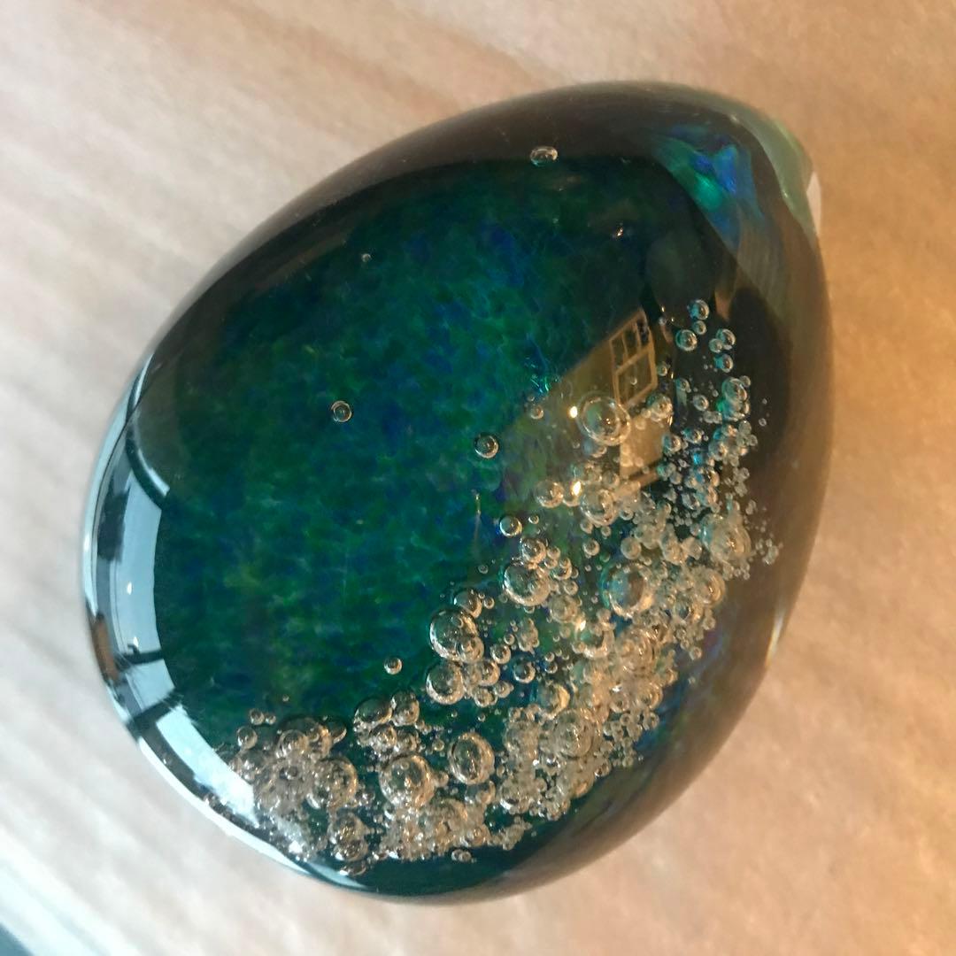 大正硝子舘　卵型ガラスアート 青緑　置物　特注