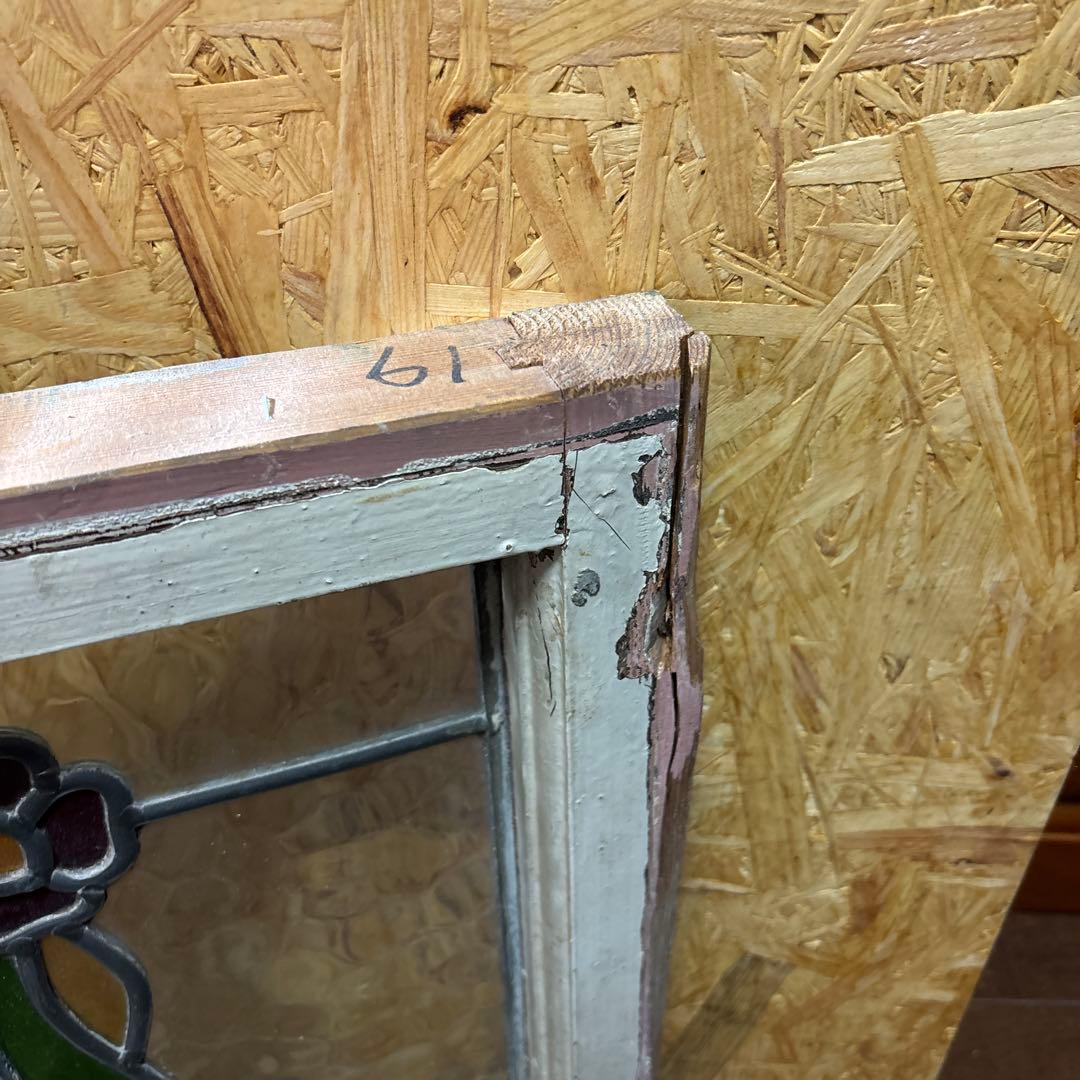 イギリス　アンティーク ステンドグラス フレーム　窓枠付き　花