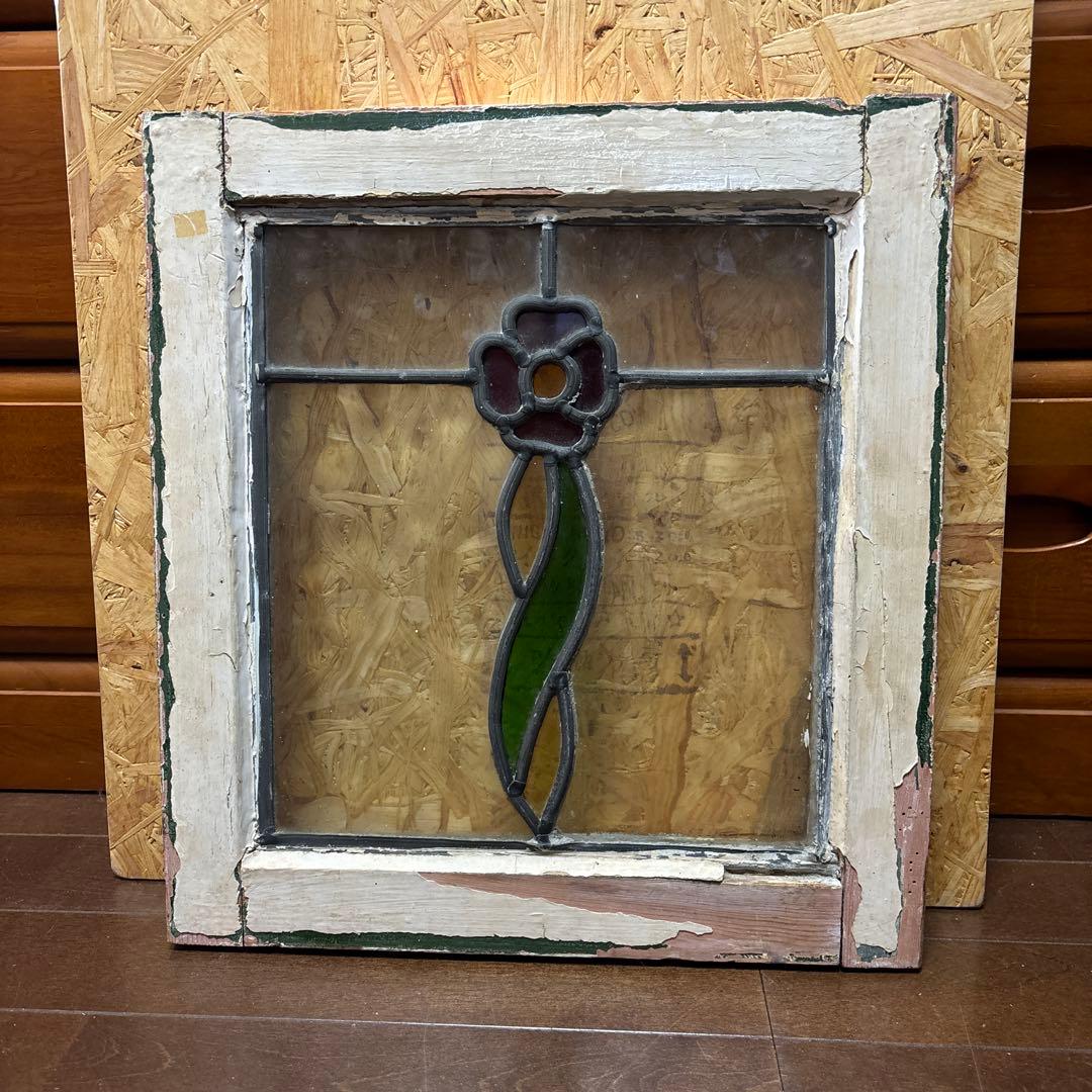 イギリス　アンティーク ステンドグラス フレーム　窓枠付き　花