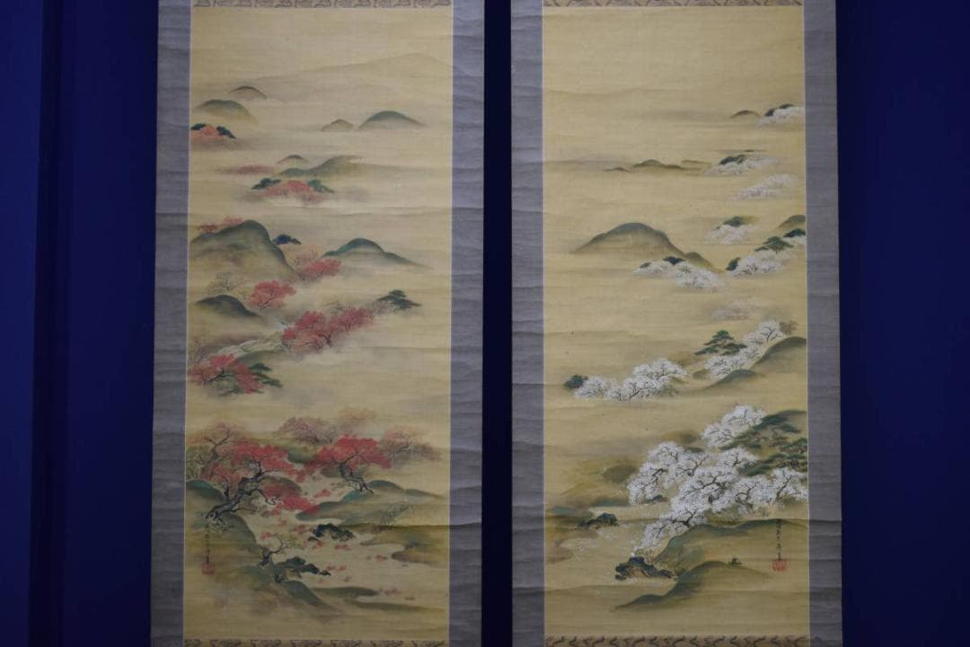 真作/狩野探信/春秋図/双幅/布袋屋掛軸HＣ-906