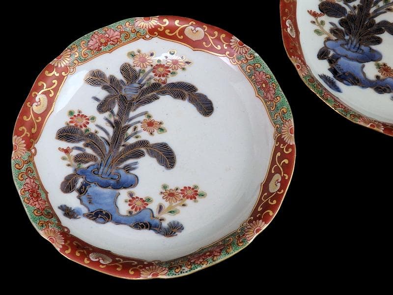古伊万里　色絵　芭蕉葉に花の図　５寸皿　２枚　A674AS-CFw