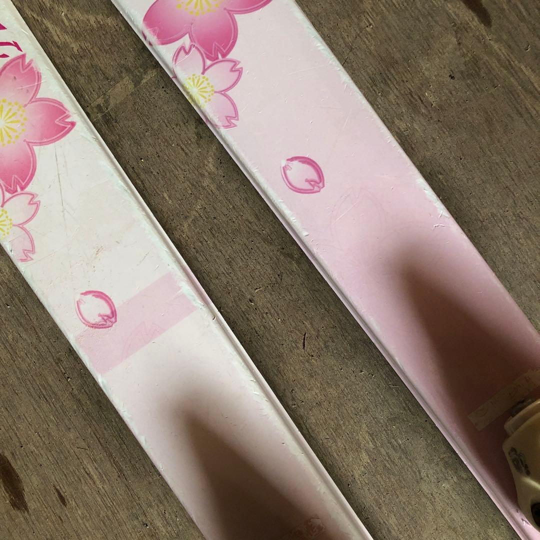 ジュニアスキーセット　スキー板／ビンディング／ポール／ホルダーベルト　ピンク花柄