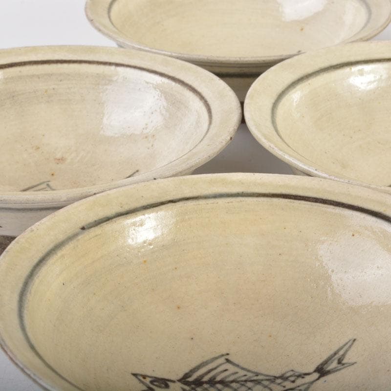 和食器　吉良々窯　加藤泥二作　泥彩魚文　向付　七客　共箱　C　6804A