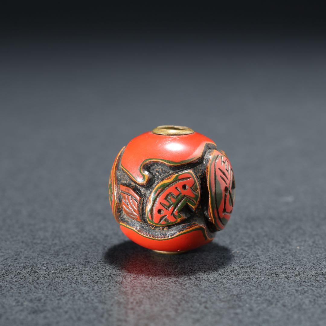 緒締め玉　堆朱　古銭文様　骨董　胴乱　印籠　R1439