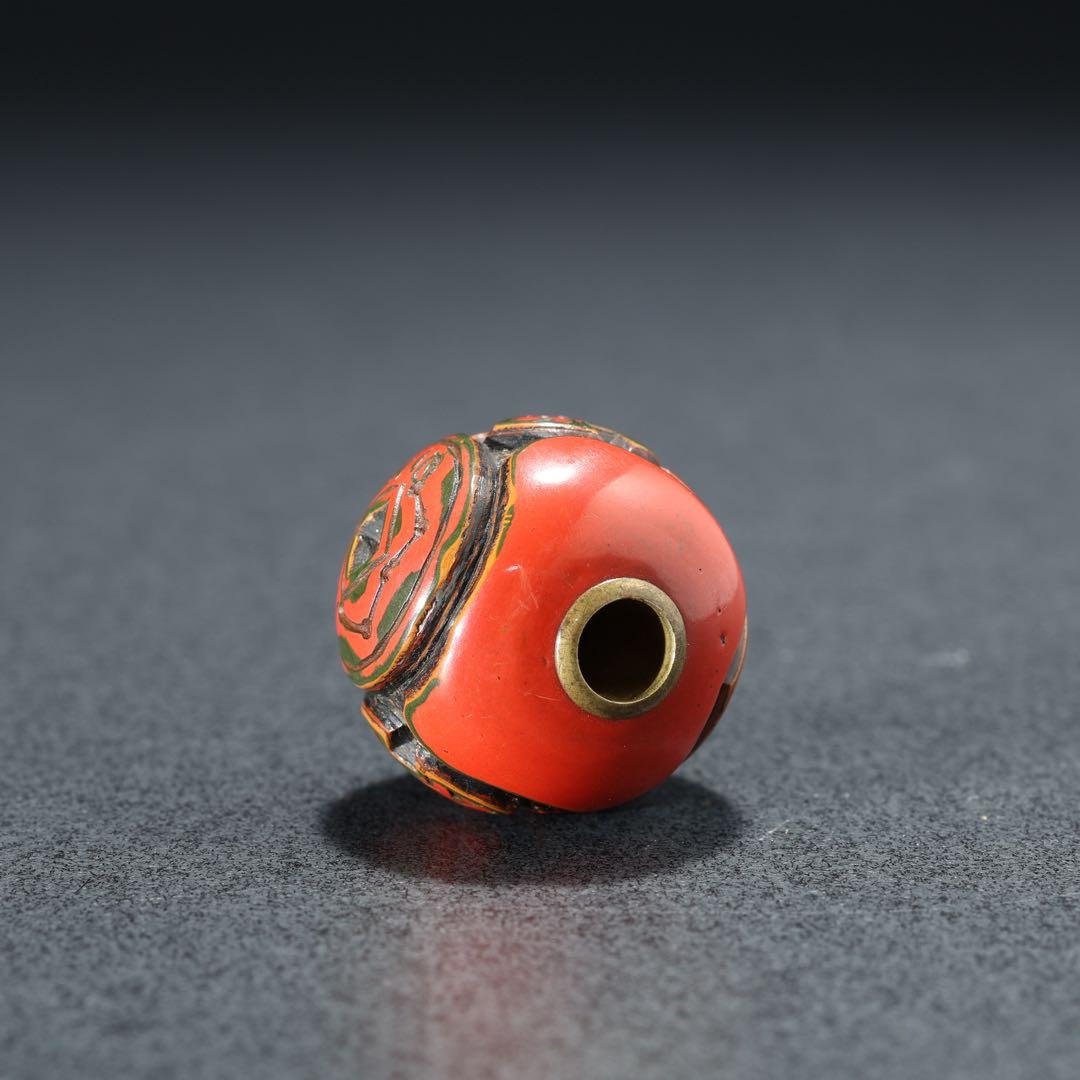 緒締め玉　堆朱　古銭文様　骨董　胴乱　印籠　R1439