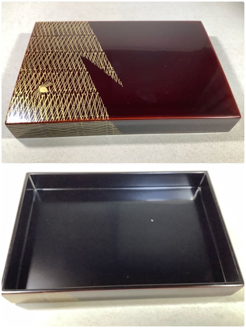 本漆手塗　松笠松葉蒔絵　利休箱　木製溜塗　仁清扇面　手塚桐鳳