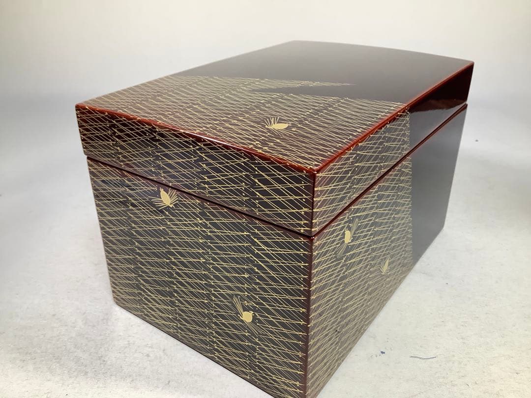 本漆手塗　松笠松葉蒔絵　利休箱　木製溜塗　仁清扇面　手塚桐鳳