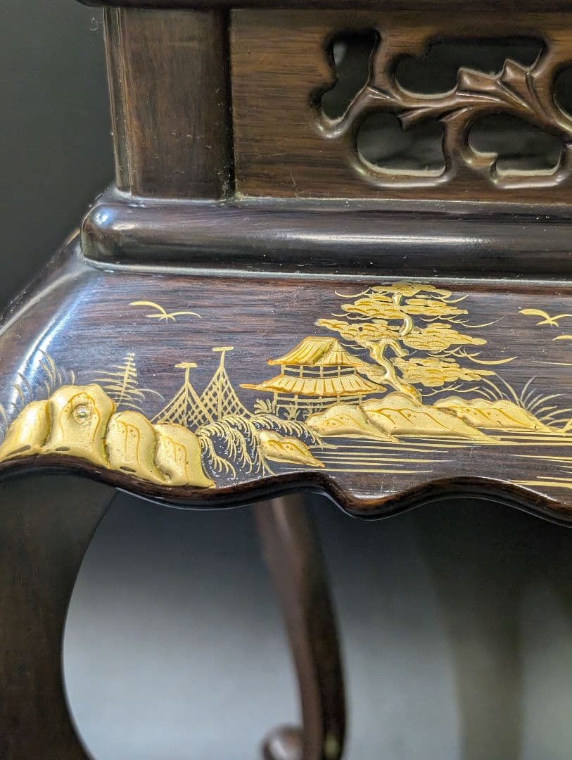 大名道具 唐木 猫脚 木製 透かし彫 花台 高卓 無垢材 黒檀　高蒔絵 螺鈿細工