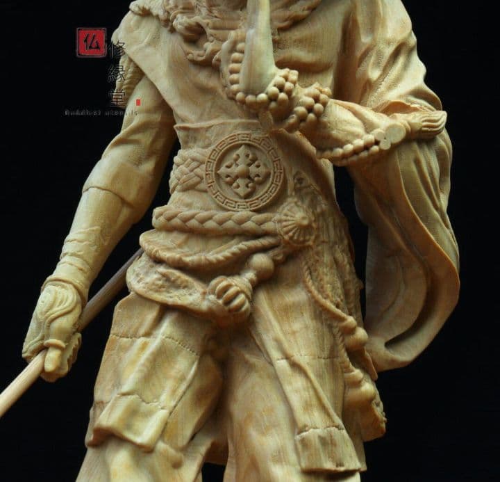 【修縁堂】木彫り 禅意 武僧立像 勝運置物 彫刻 仏教工芸 柘植材 仏師で仕上げ