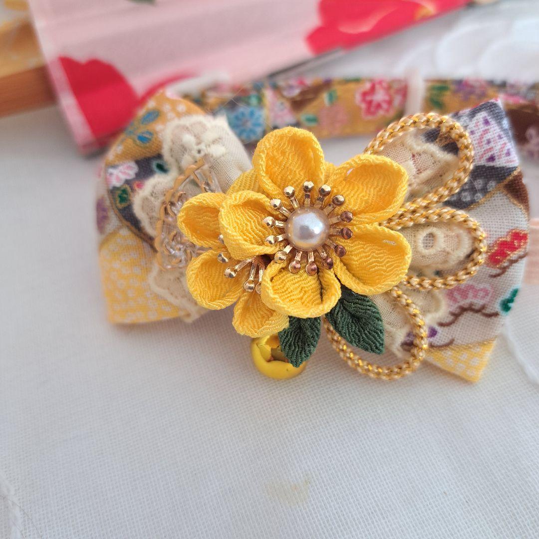 お正月、つまみ細工シングルリボン(黄色)わんちゃん猫ちゃん用首輪