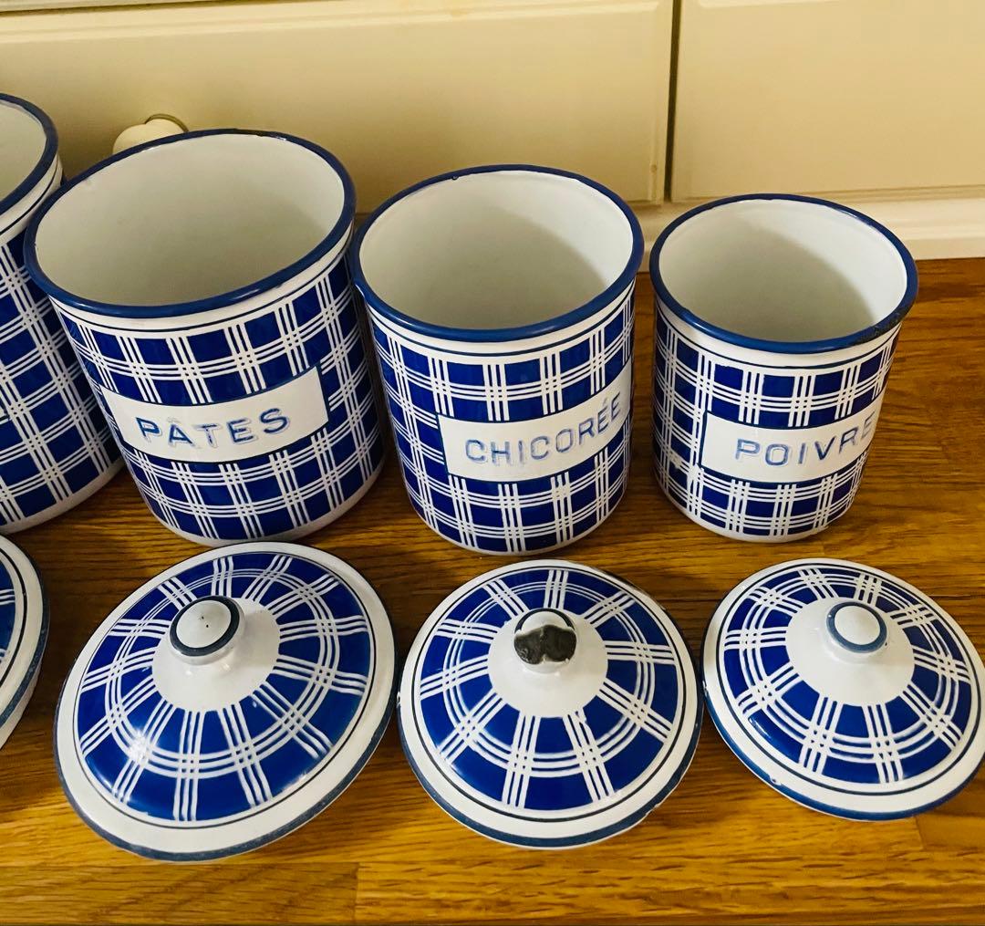 【青ぶー】フランス アンティーク BB社 ホーローキャニスター 5個セット