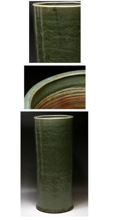 中国　明時代後期　「古渡伝来」　七官青磁筒大花瓶　高さ46㎝