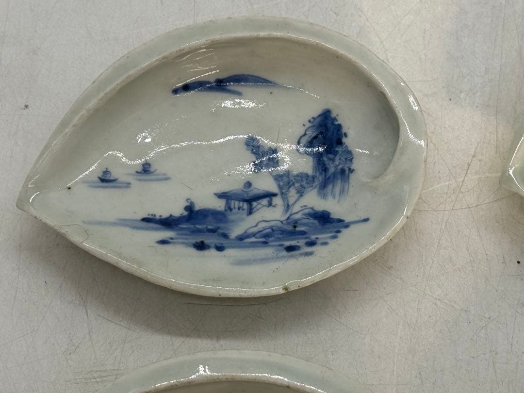 江戸　古伊万里　染付　鮑形山水人物紋小皿6点　　送料込み260130