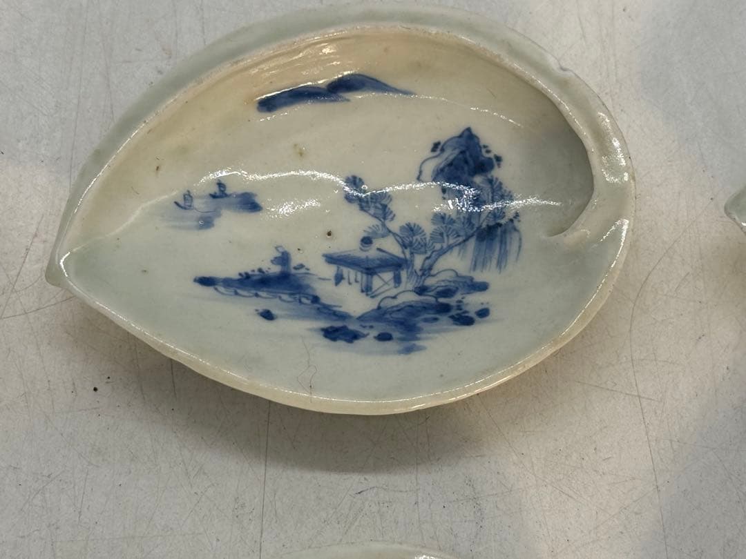 江戸　古伊万里　染付　鮑形山水人物紋小皿6点　　送料込み260130