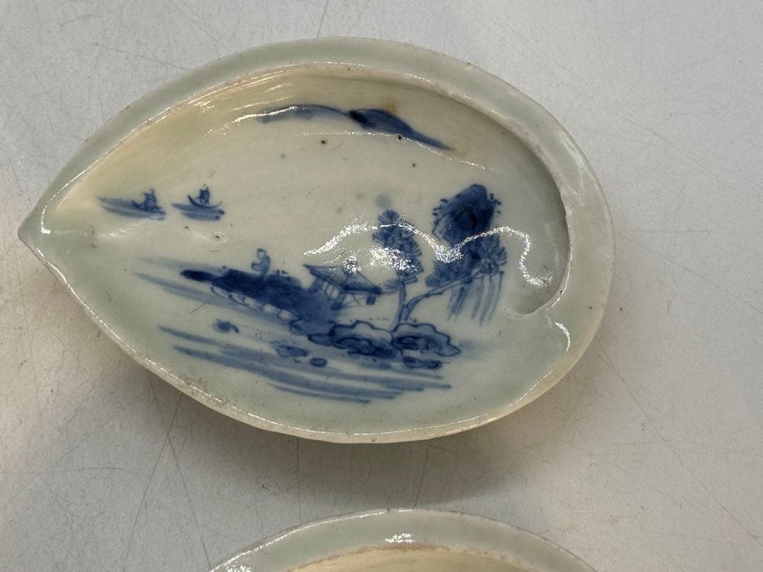 江戸　古伊万里　染付　鮑形山水人物紋小皿6点　　送料込み260130