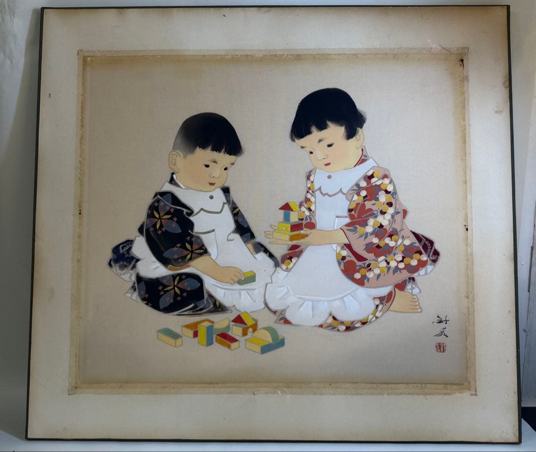 S3 日本画 田中針水 絹本 額装 児童絵