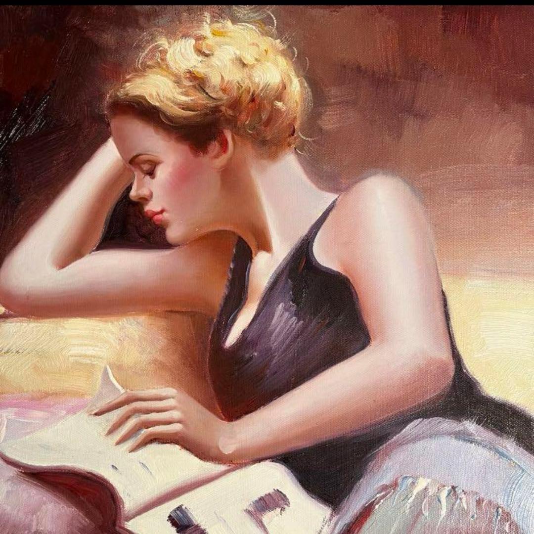 ★秀作★ 手書き油絵 本を読む人（大）額付き  絵画 インテリア 油彩画