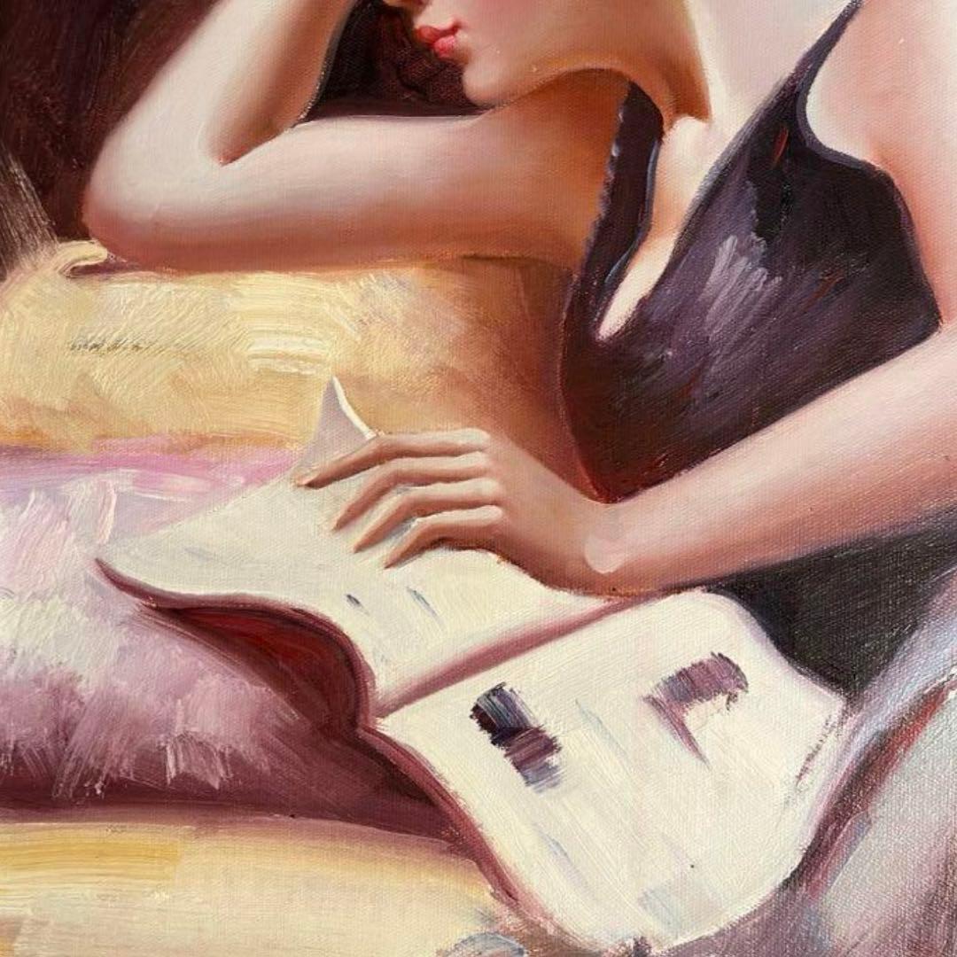 ★秀作★ 手書き油絵 本を読む人（大）額付き  絵画 インテリア 油彩画