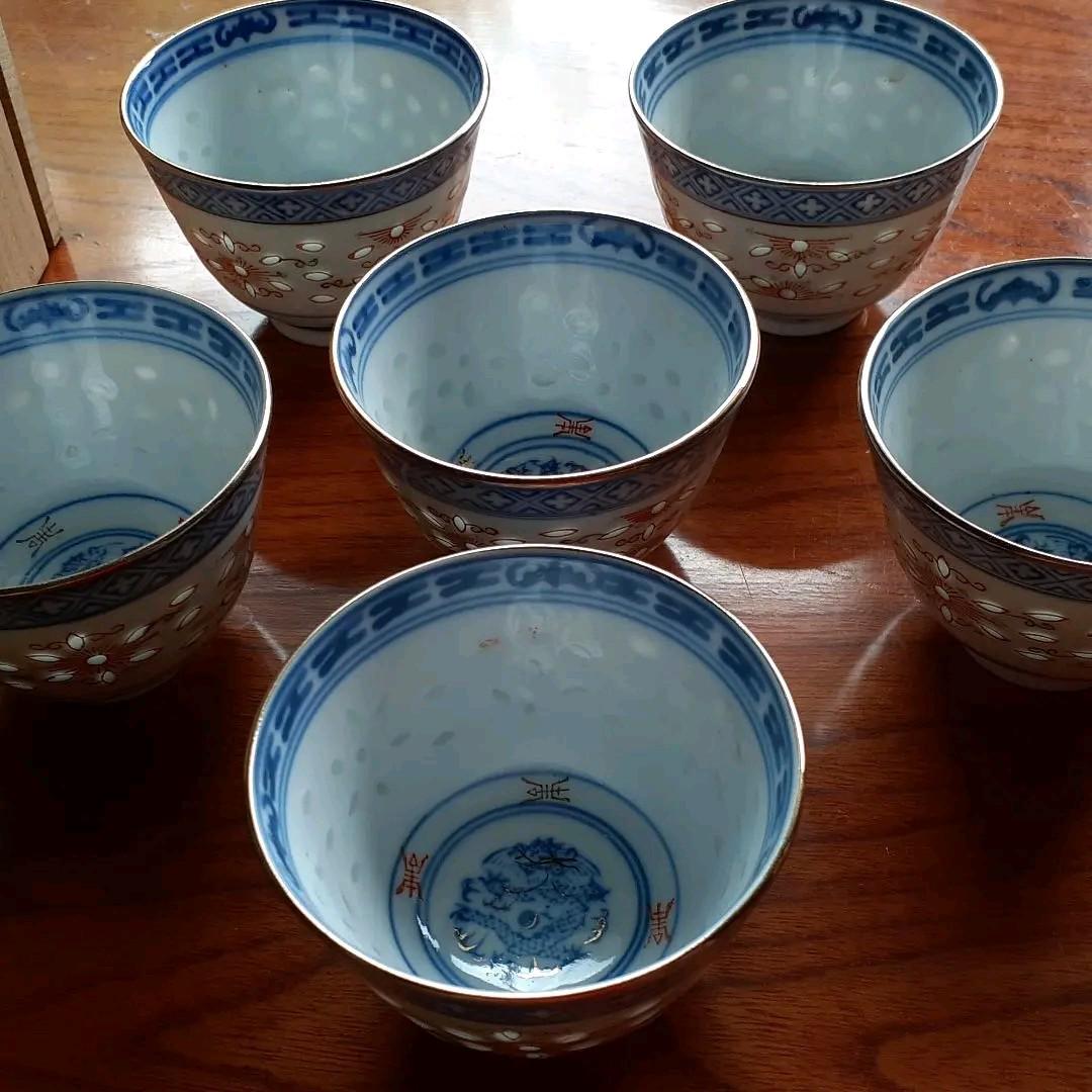 玩玉景徳鎮　蛍焼 透かし模様　湯吞み6客セット　木箱付き