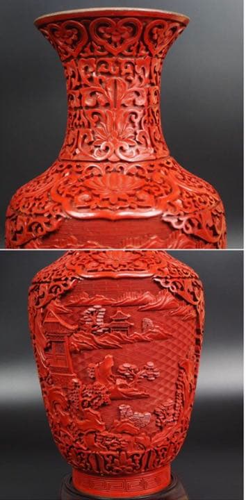 送料無料極上品　細密山水楼閣彫堆朱花瓶 紫檀台付 　全高さ40ｃｍ　中国古玩
