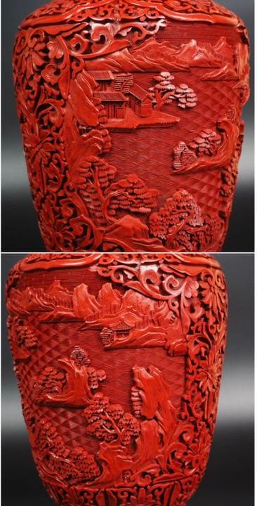 送料無料極上品　細密山水楼閣彫堆朱花瓶 紫檀台付 　全高さ40ｃｍ　中国古玩