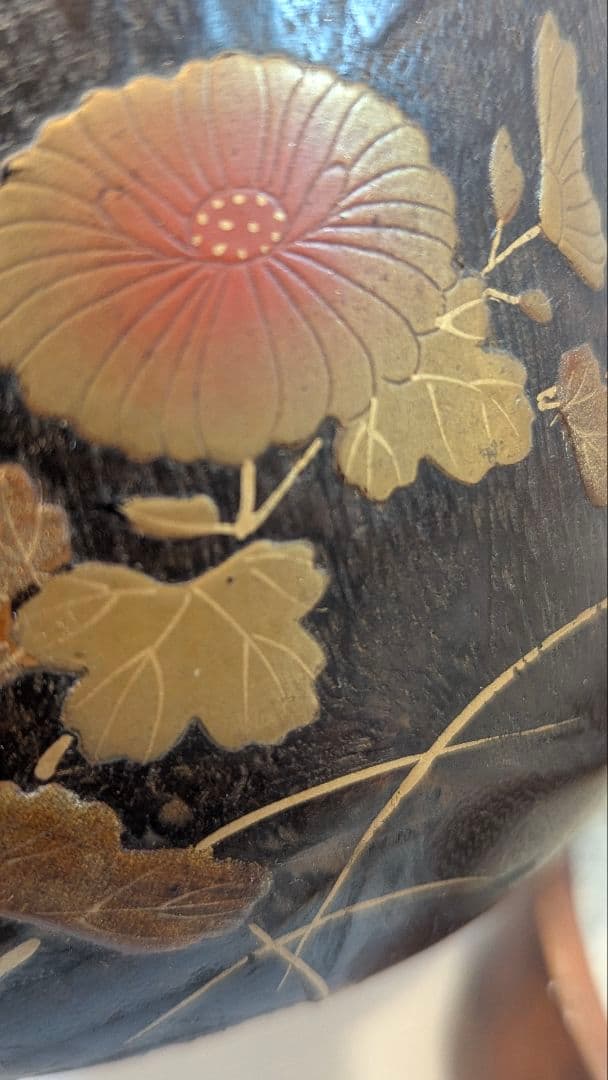 時代物　小型手あぶり火鉢　一刀彫 蒔絵　古道具　アンティーク　骨董　天然木