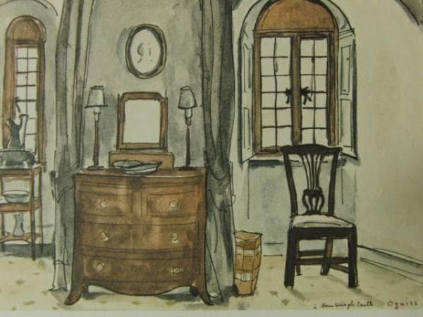 荻須高徳、バンバラ城・室内、素描スケッチ、版上刷サイン入、希少な額装用画集より