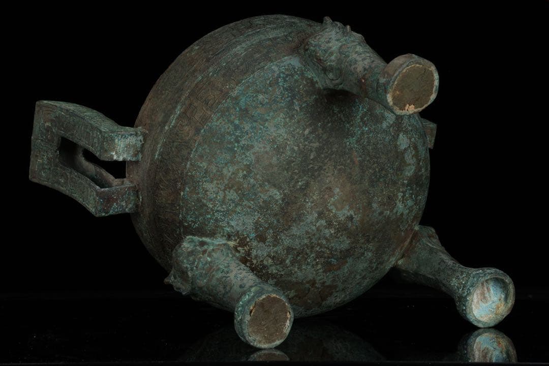 春秋時代 青銅蟠螭紋鼎 三足双耳鼎 蓋付 共箱 古銅器 唐物 時代 古美術 骨董