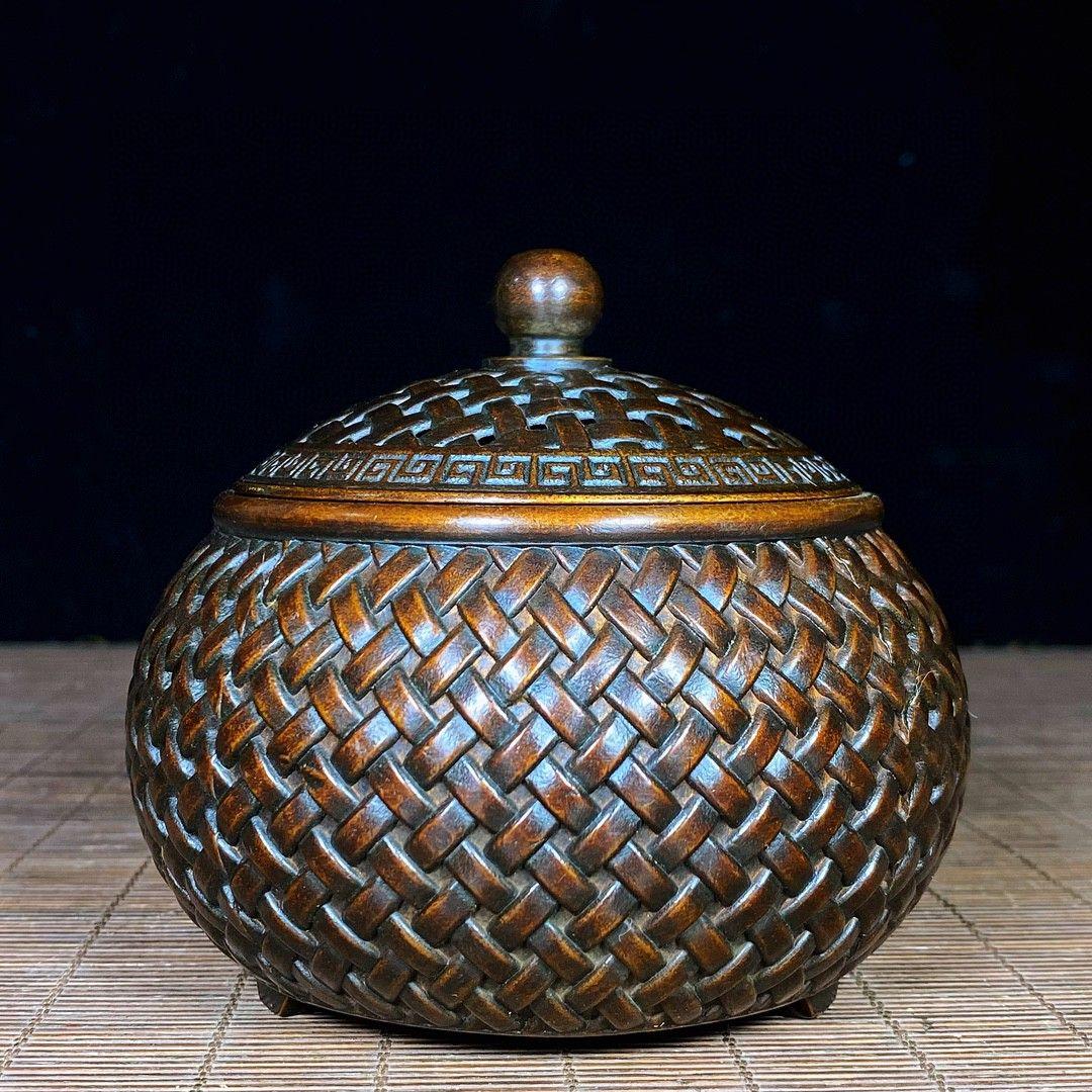 銅 細工 網蓋格子香炉 香道具 銅香炉 現代工芸品 置物